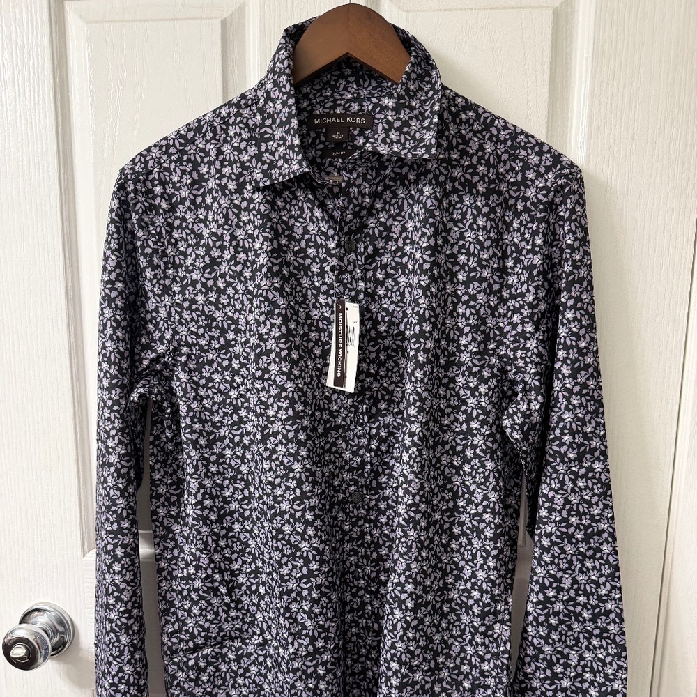 Michael Kors Men's Slim Fit Button Down Black Floral Dress Shirt - Men's Medium